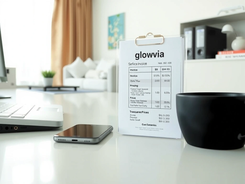 A clean home office desk with a Glowvia invoice, illustrating transparent data use